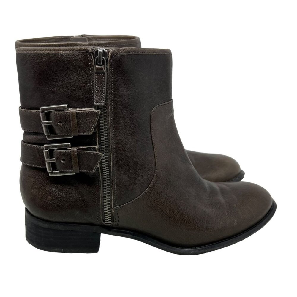 Nine West Justthis Boots Size 10 Ankle Bootie Brown Leather Double Buckle Strap